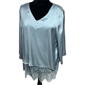 Ruby Ribbon Light Blue Satin Blouse Lace Hem Large